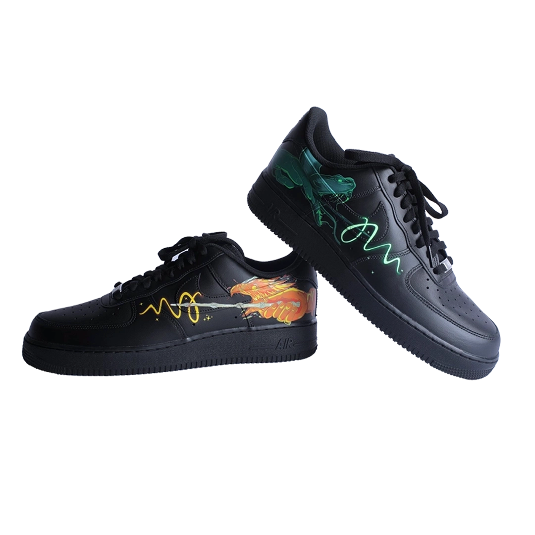Pair of black sneakers with custom harry potter artwork KKIX
