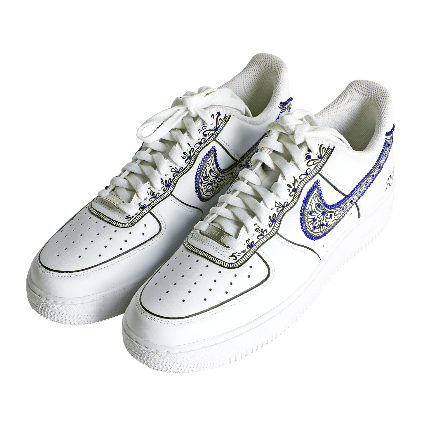 customized shoes with blue patterned swoosh and clean finish